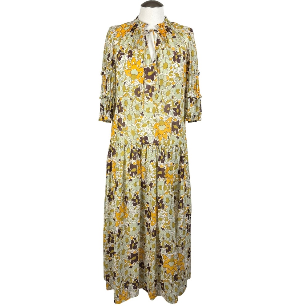 Rebecca Taylor Women's Dress S Floral Print Ruffle Sleeve High Neck Boho Maxi